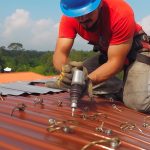 Construction worker install new roof Roofing tools